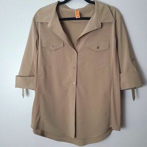 Lucy Tan Side Stretch Panel Short Sleeve Button Down Top - XL